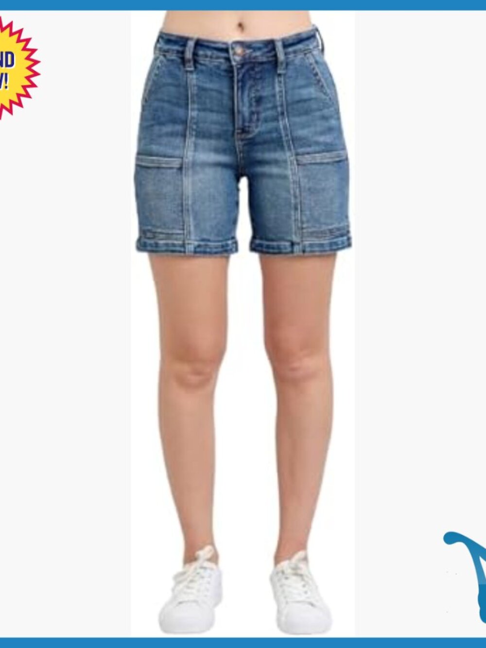 High Waist Utility Denim Shorts Mid Length Stretch Comfort